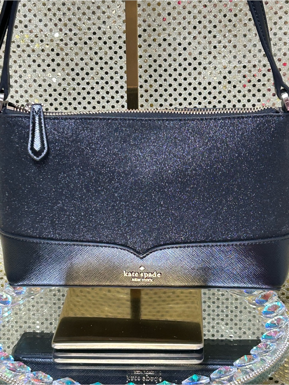 kate spade Black Glitter and Leather Shoulder Bag Approximately 9.5 x 6 x 2